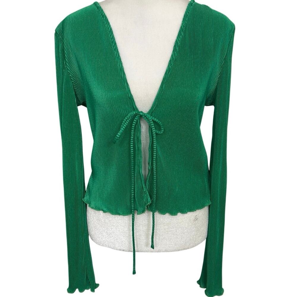 Hello Molly NWT Green Ribbed Tie Front Top L Plunge Y2K Festival Indie